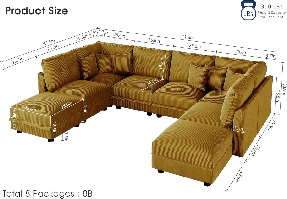 LLappuil Modular Sectional Sofa with Storage Seat, Corduroy Modular U Shaped Sectional Couch for
