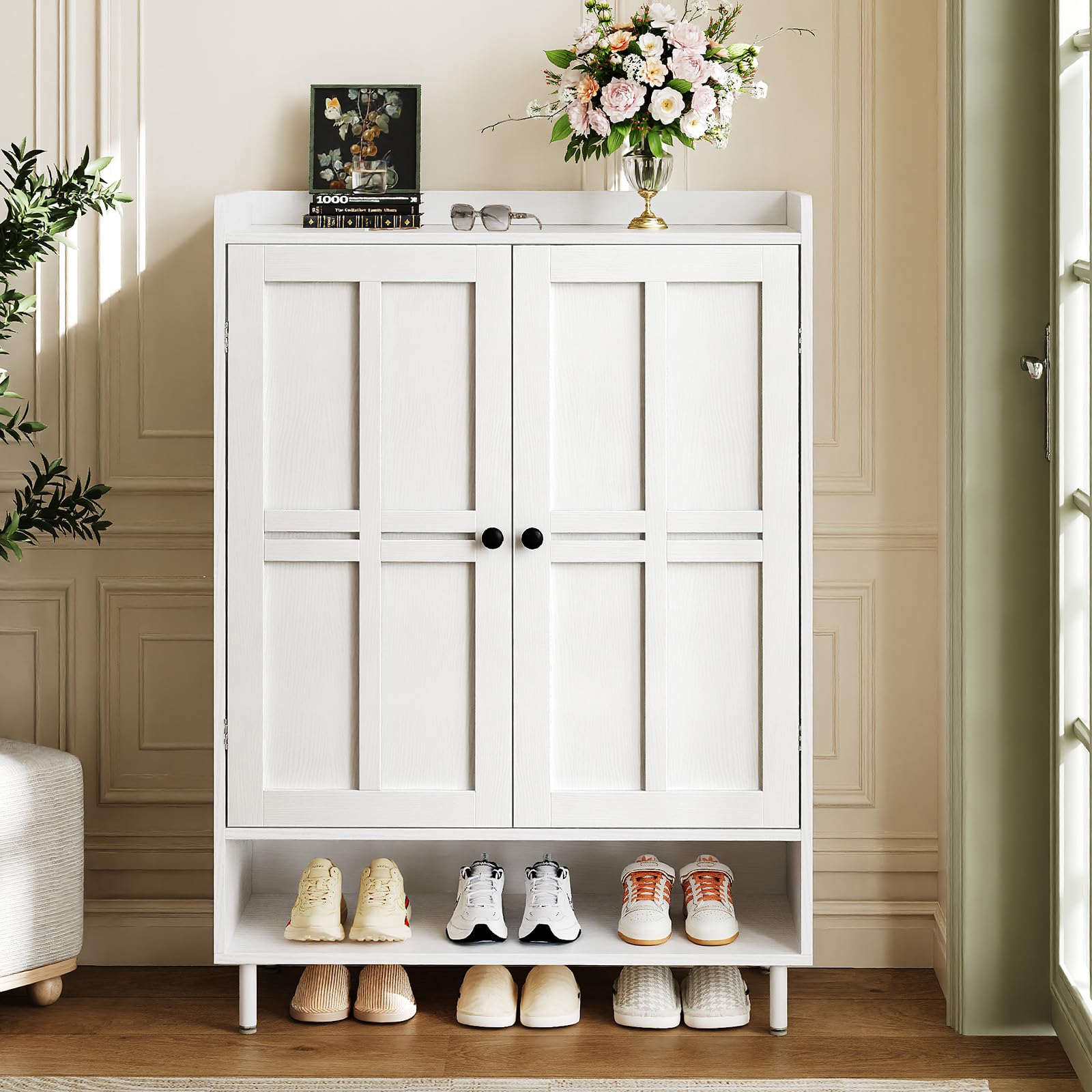 ComfyCorner Shoe Cabinet with Cross Molding Doors, 6-Tier Storage, White