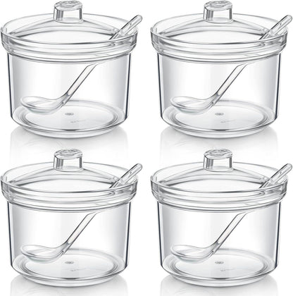 Patelai 4 Pieces Sugar Bowl Acrylic Clear Sugar Bowl with Lid and Salt Spoon Storage Jar with