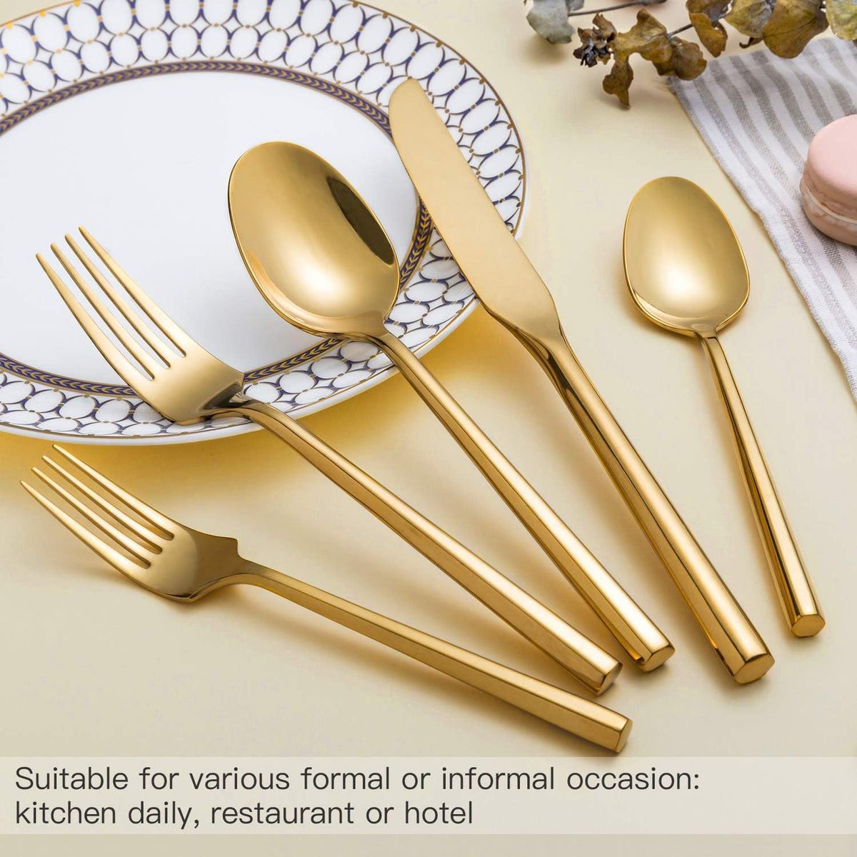 Gold Silverware Set Flatware Set Stainless Steel Cutlery Set 60 Pieces Thick Heavy Hexagon Handle