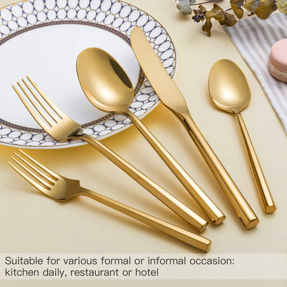 Gold Silverware Set Flatware Set Stainless Steel Cutlery Set 40 Pieces Hexagon Handle Home Kitchen