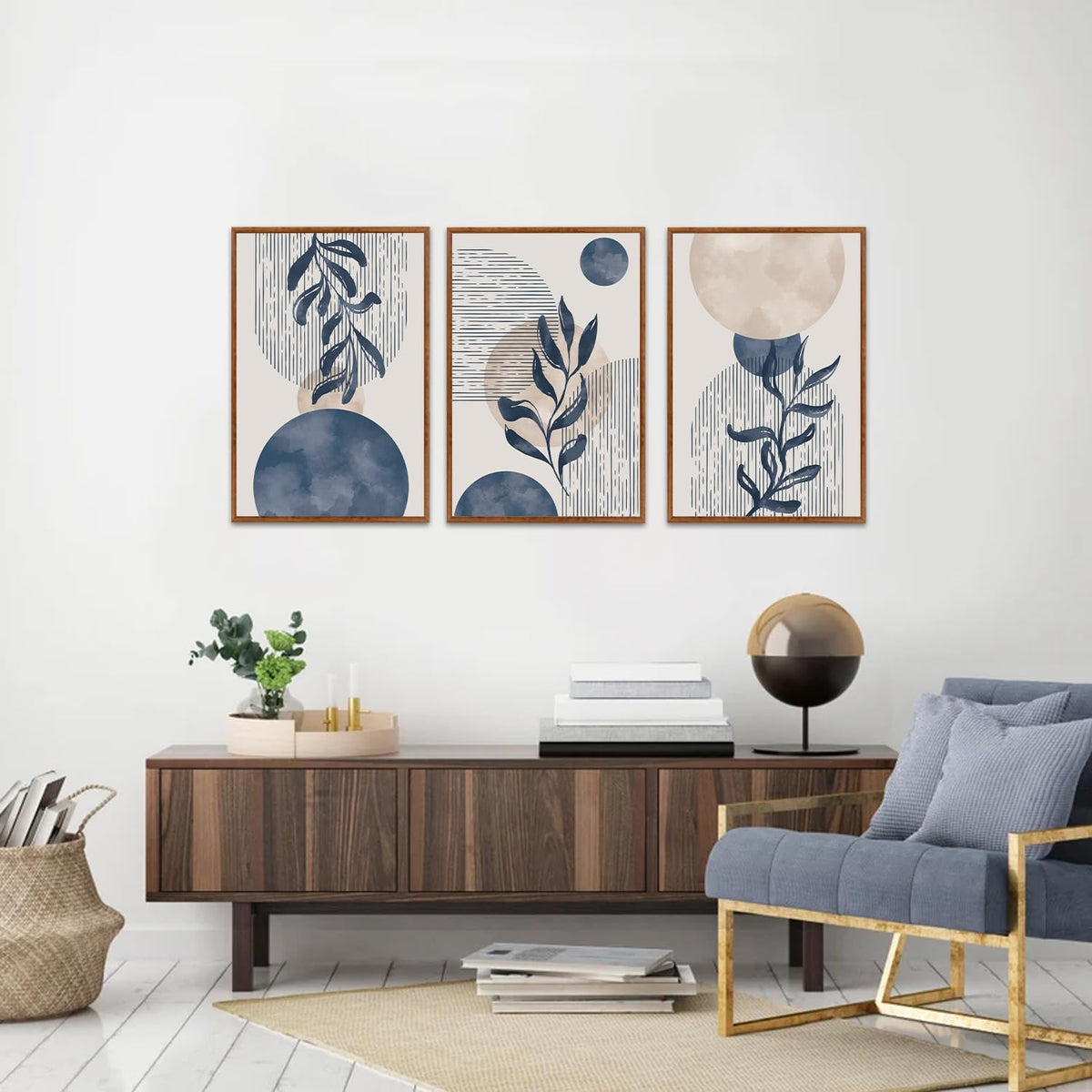 KAIRNE Boho Plant Wall Art Set of 3,Blue Bohemain Framed Canvas,Abstract Geometric Line Wall