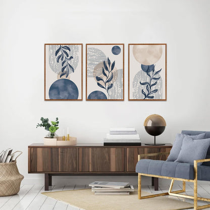 KAIRNE Boho Plant Wall Art Set of 3,Blue Bohemain Framed Canvas,Abstract Geometric Line Wall