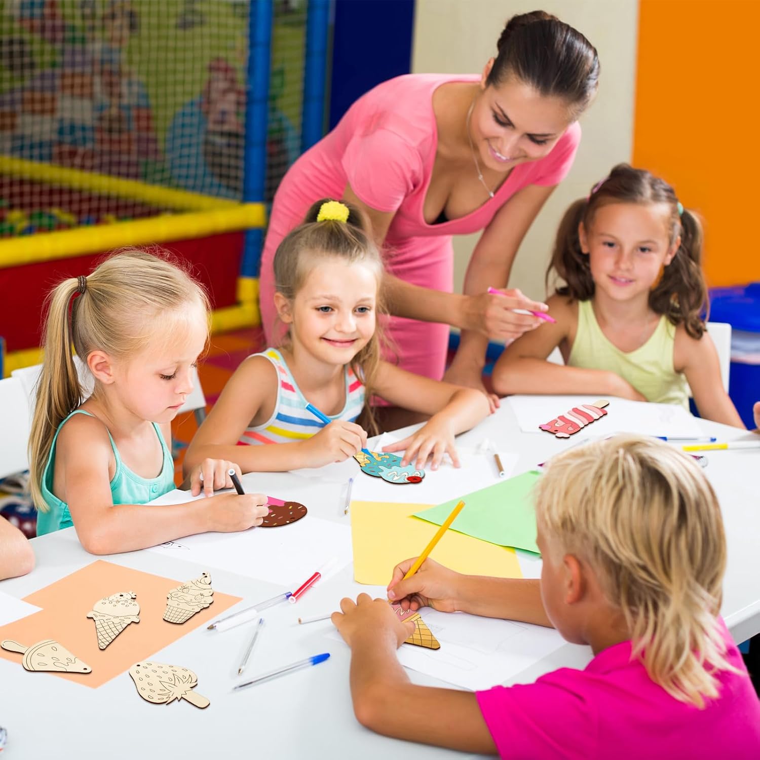 80PCS Wooden Ice Cream Cutouts Ornaments to Paint,Summer Decorations 8 Styles DIY Blank Unfinished