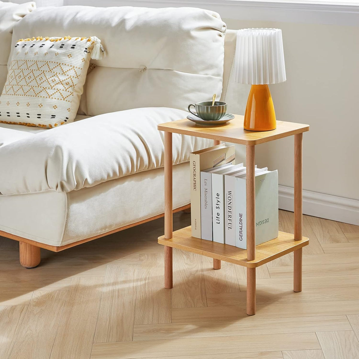 IBUYKE 2-Tier Side Table, Solid Wood Tall End Table with Storage Shelves, Nightstand Bedside Table