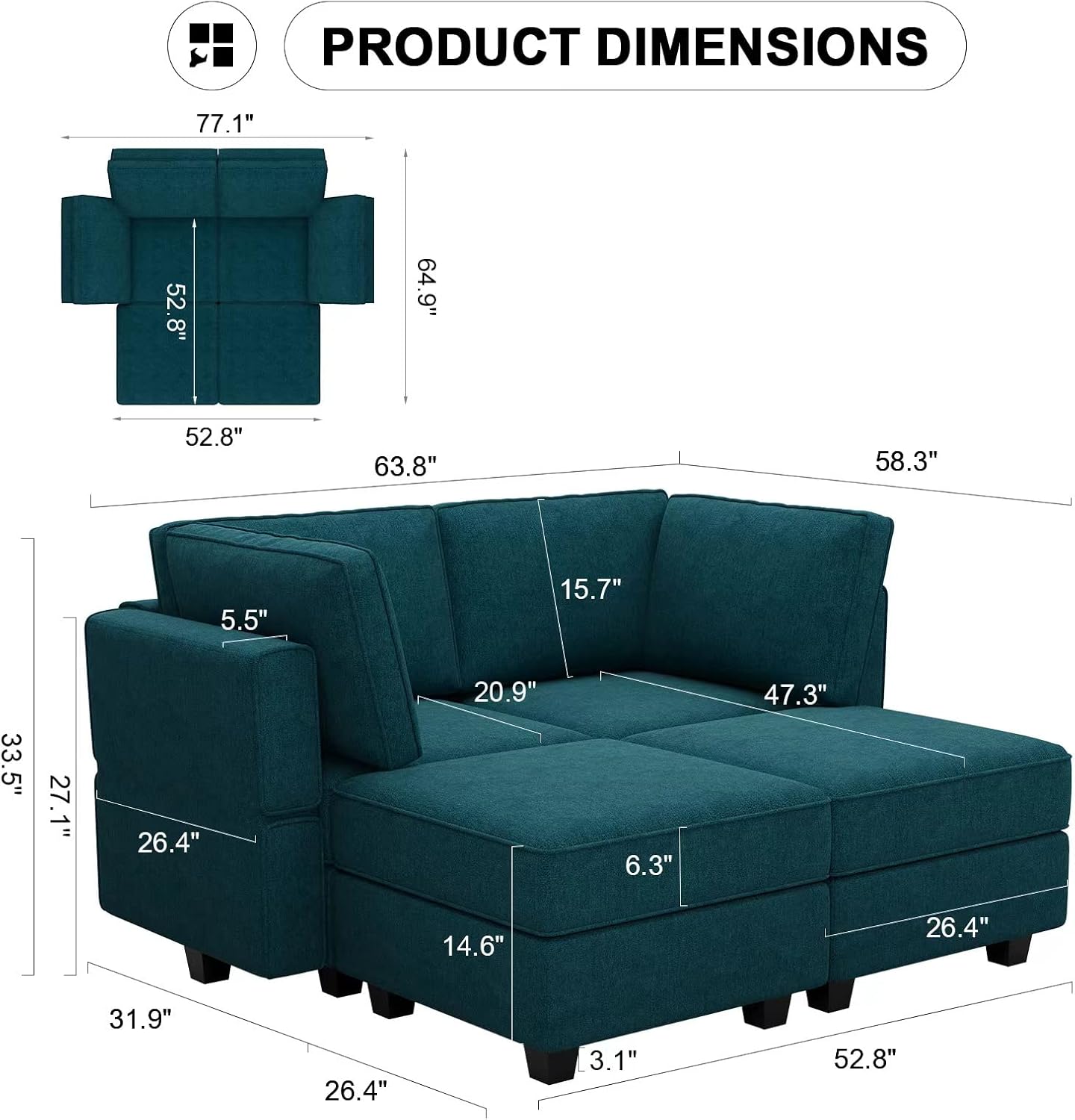 Bellfin Modular Sectional Sleeper Sofa Convertible Sofas with Storage Ottomans Small Sectional