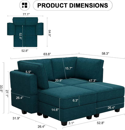 Bellfin Modular Sectional Sleeper Sofa Convertible Sofas with Storage Ottomans Small Sectional