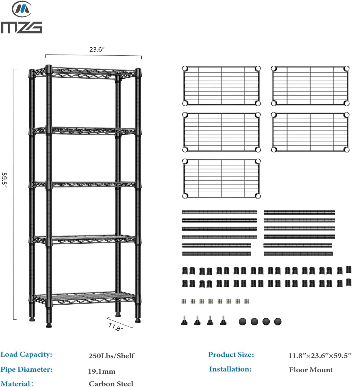 1250 lbs 5 Tier Shelf Metal Storage Shelves Wire Rack Closet Organizers for Garage Kitchen Bathroom
