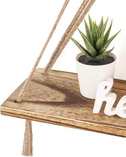 Mkono Macrame Hanging Shelves Boho Wall Decor Set of 2 Rustic Wood Floating Storage Shelf for
