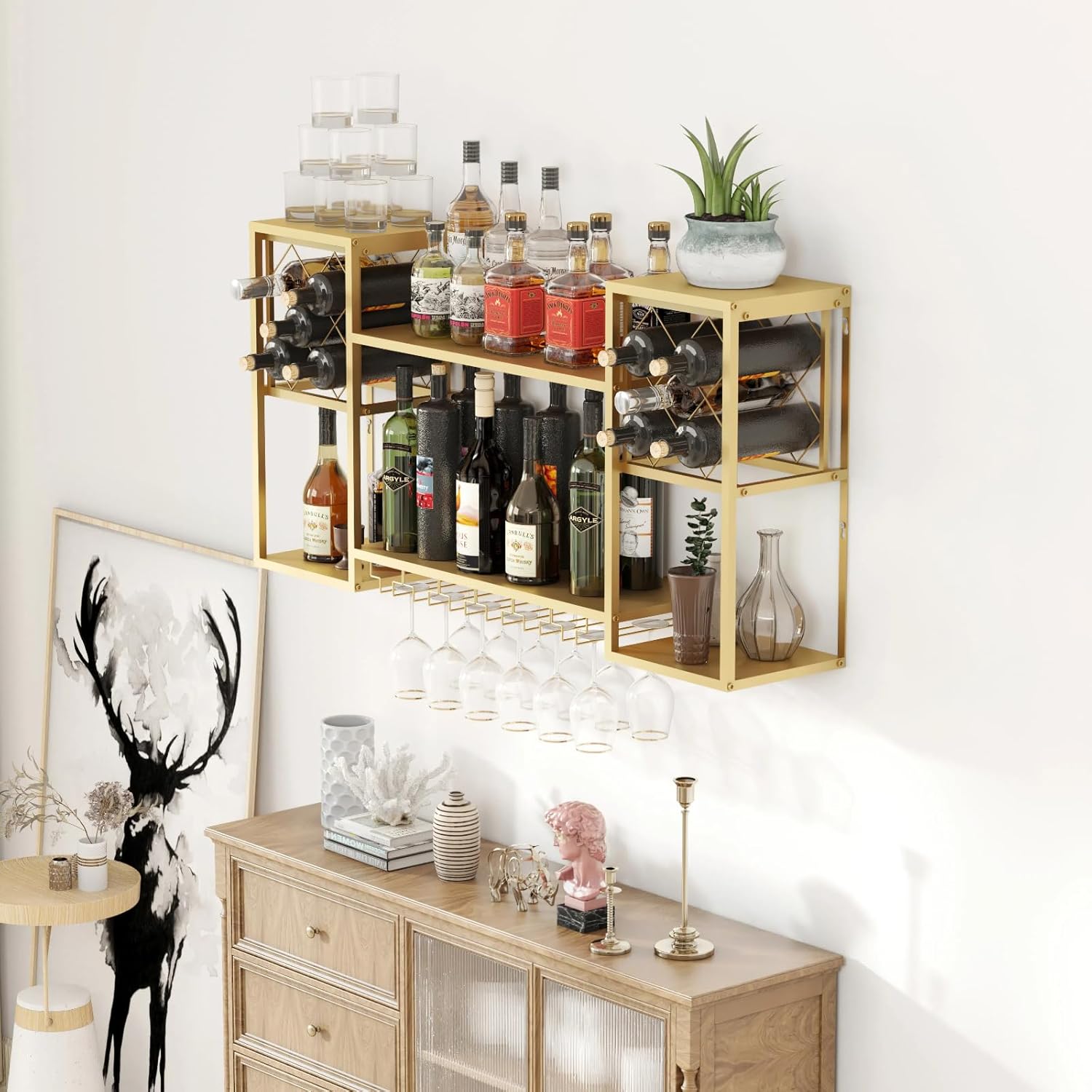 Wall Mounted Wine Rack with Glass Holder,Metal Floating Bar Liquor Shelves 2 Tier,Wine Glass Rack