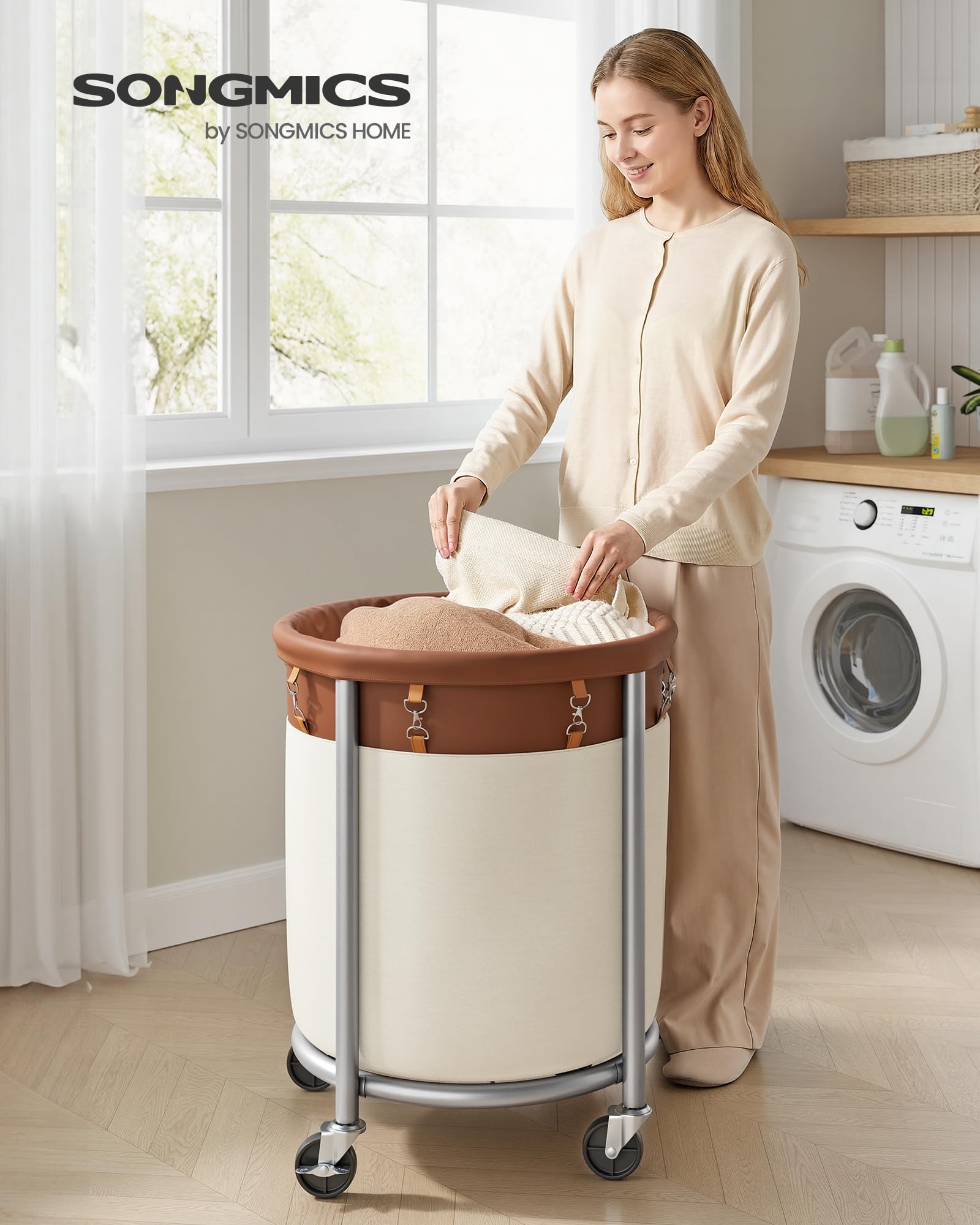 SONGMICS Laundry Basket with Wheels, 29 Gal., Steel Frame, Removable Bag