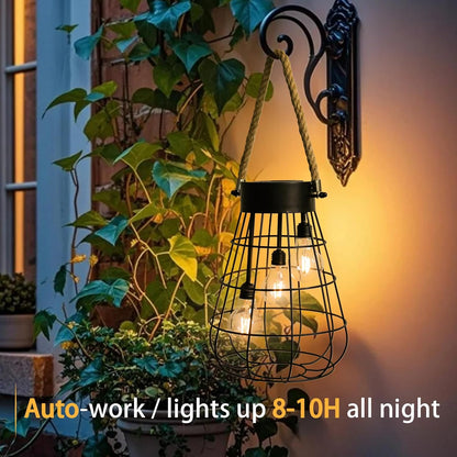 Solar Hanging Lantern with Rope, Vintage Industrial Pendant Light, 12.8" Solar Powered Outdoor