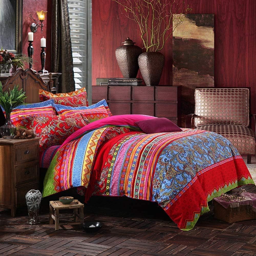 ABREEZE Bohemian Duvet Cover Set Colorful Red Boho Retro Bedding Set Damask Paisley Cotton Duvet