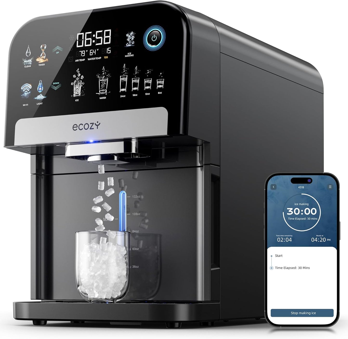ecozy Nugget Ice Maker Dispenser, Smart 2-in-1 Pebble Ice Machine Countertop & Water Dispenser with