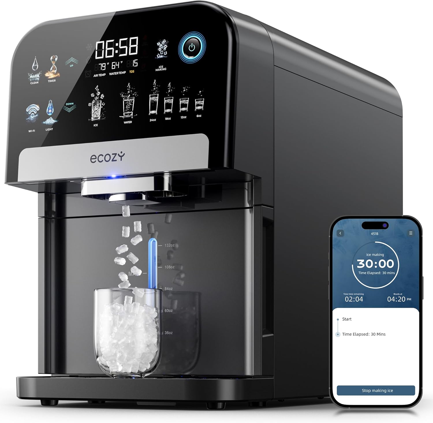 ecozy Nugget Ice Maker Dispenser, Smart 2-in-1 Pebble Ice Machine Countertop & Water Dispenser with
