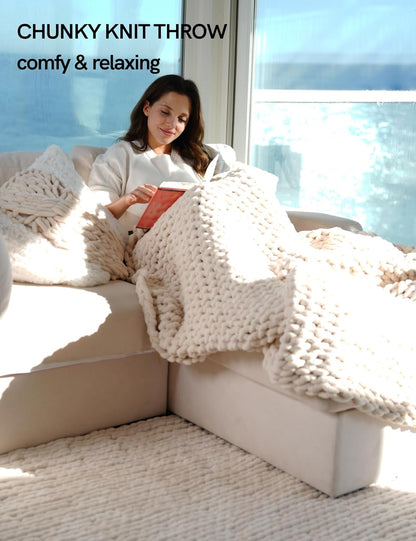 YnM Chunky Throw Blanket, Hand Knitted with Chenille Yarn, Skin Friendly, Ventilated and