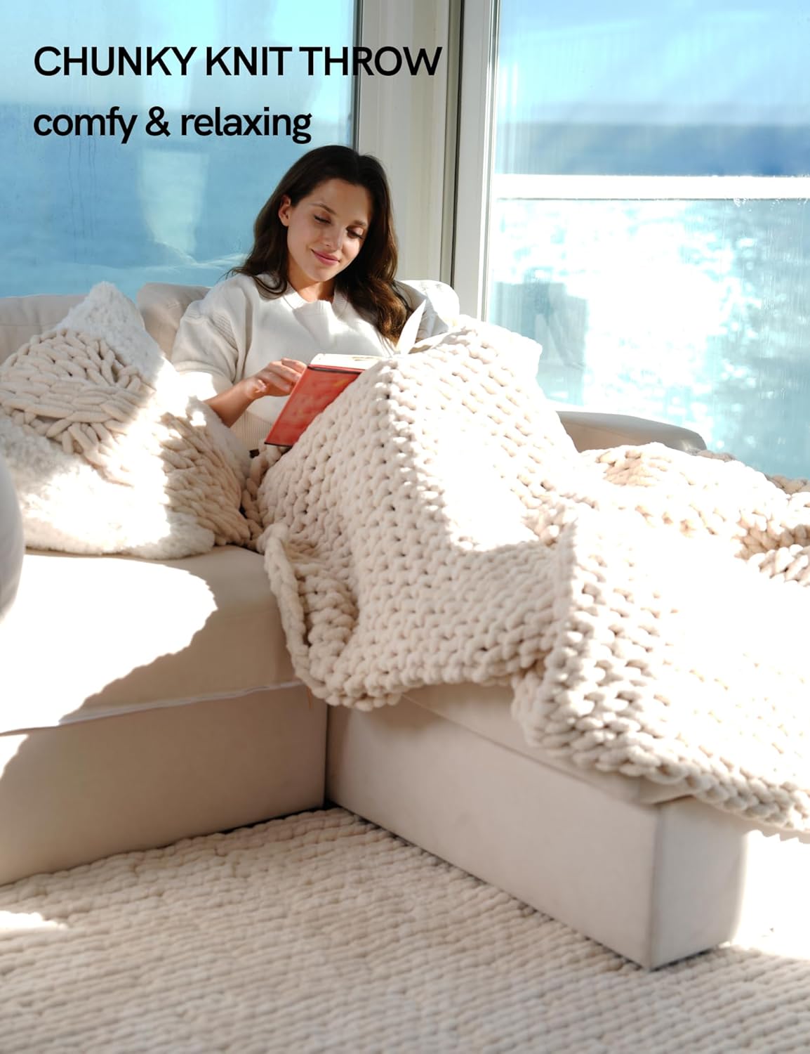 YnM Chunky Throw Blanket, Hand Knitted with Chenille Yarn, Skin Friendly, Ventilated and