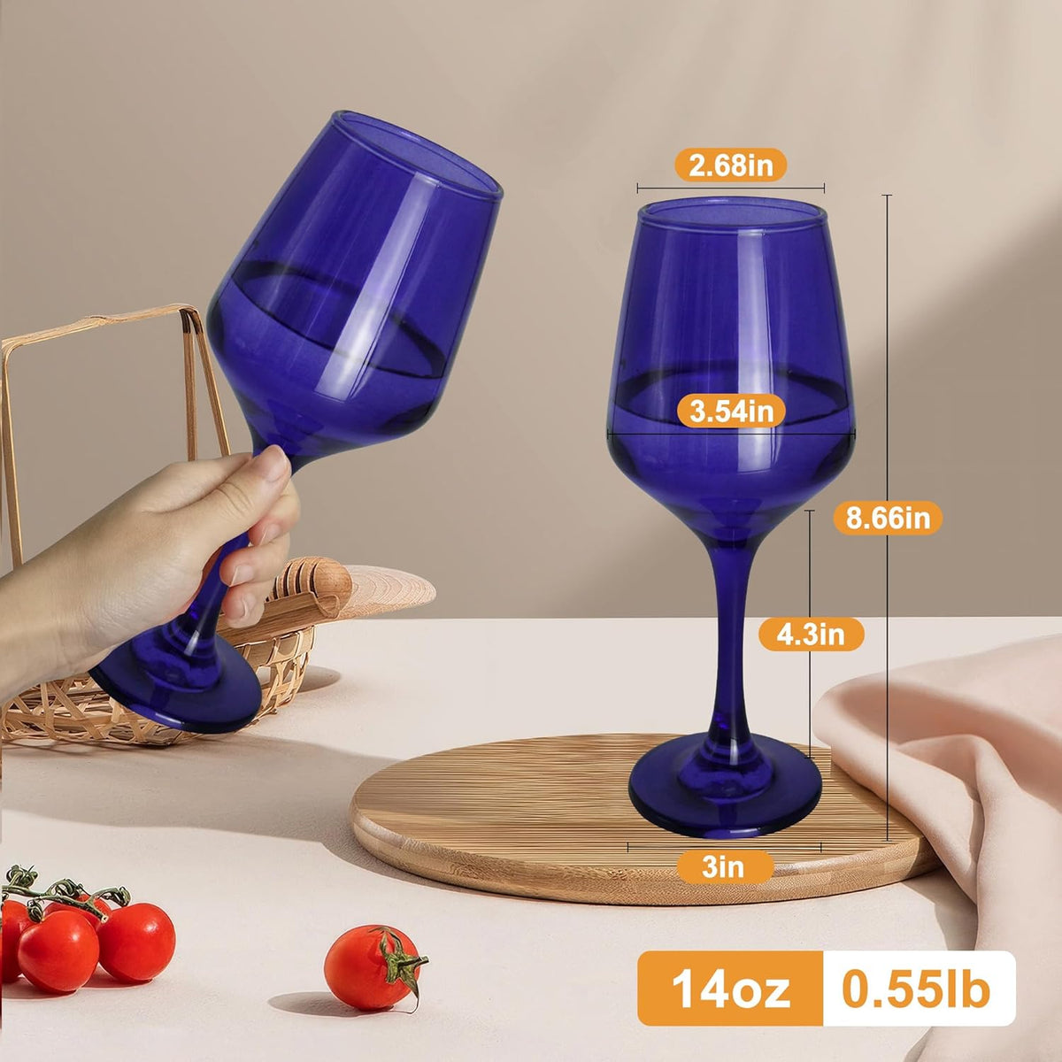 Purple Wine Glasses Set of 6-14oz Long Stem Wine Glass, Pretty Crystal Glassware, Hand Blown