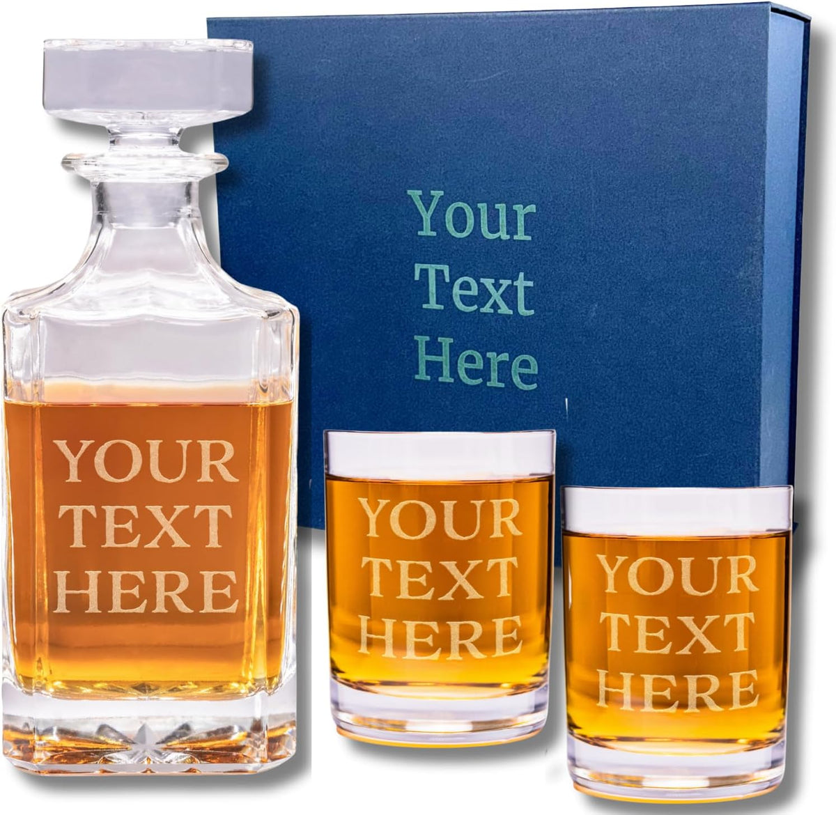 Gifts Inscribed Custom Text Whiskey Decanter & Glasses Set of 2 – Engraved Glass Cups Drinking