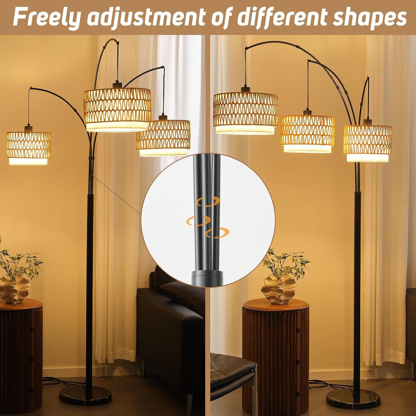 Rattan Floor Lamp for Living Room, 80 Inch Tall Boho Floor Lamp with Rotary Switch, 3 Lights Arc