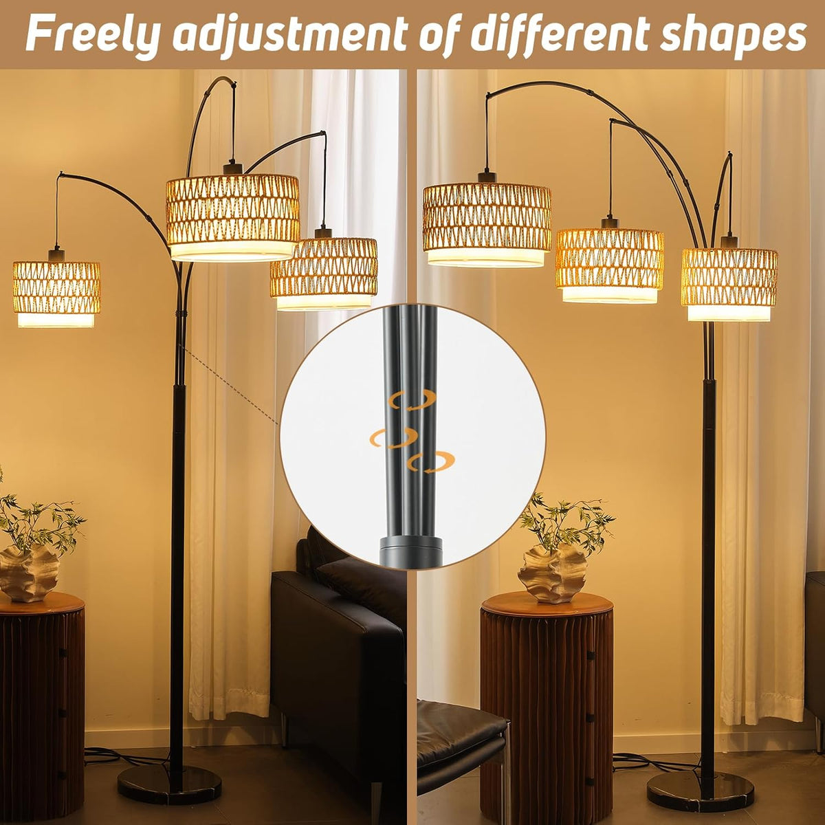 Rattan Floor Lamp for Living Room, 80 Inch Tall Boho Floor Lamp with Rotary Switch, 3 Lights Arc