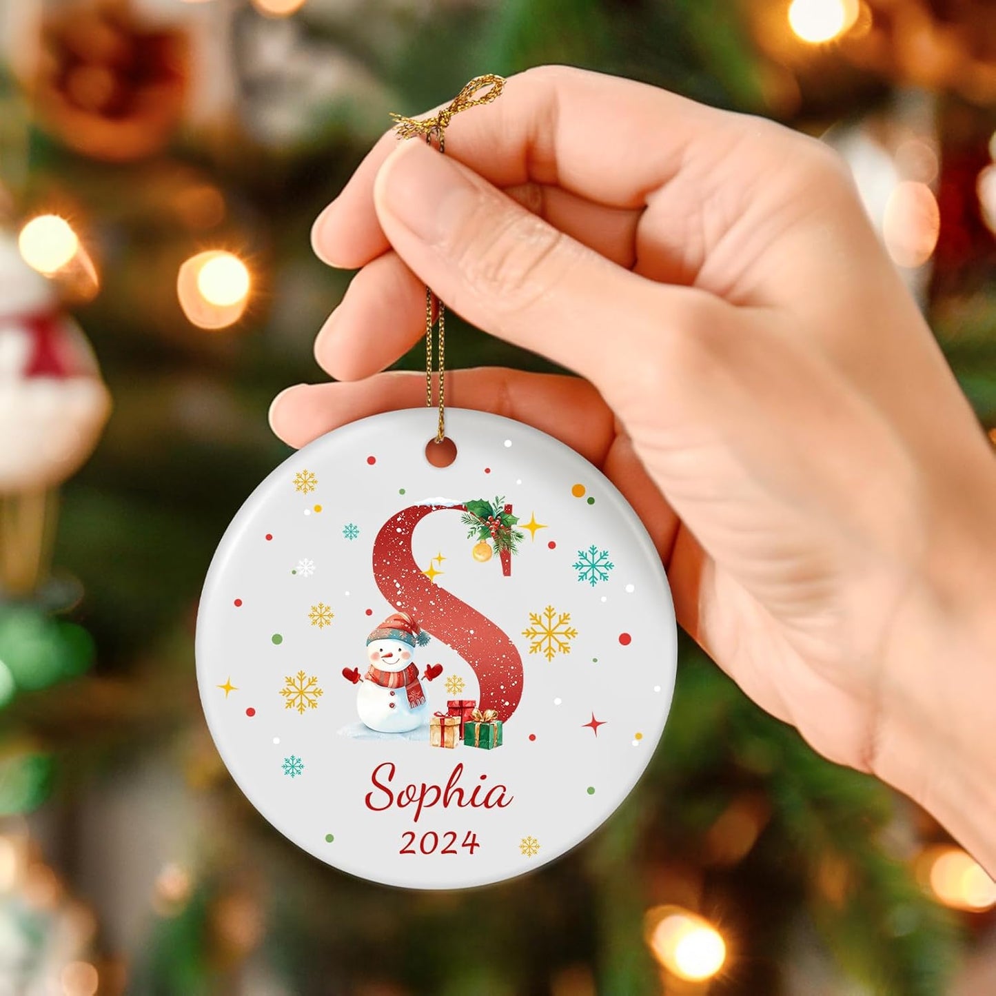 Name Ornaments for Christmas Tree, Custom Initial Monogram Snowman Ceramic Ornament for Kids Boys
