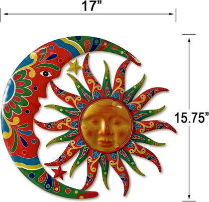 Limygus Sun and Moon Wall Decorations for Outdoor, Colorufl Metal Sun Wall Art Decor with Moon &