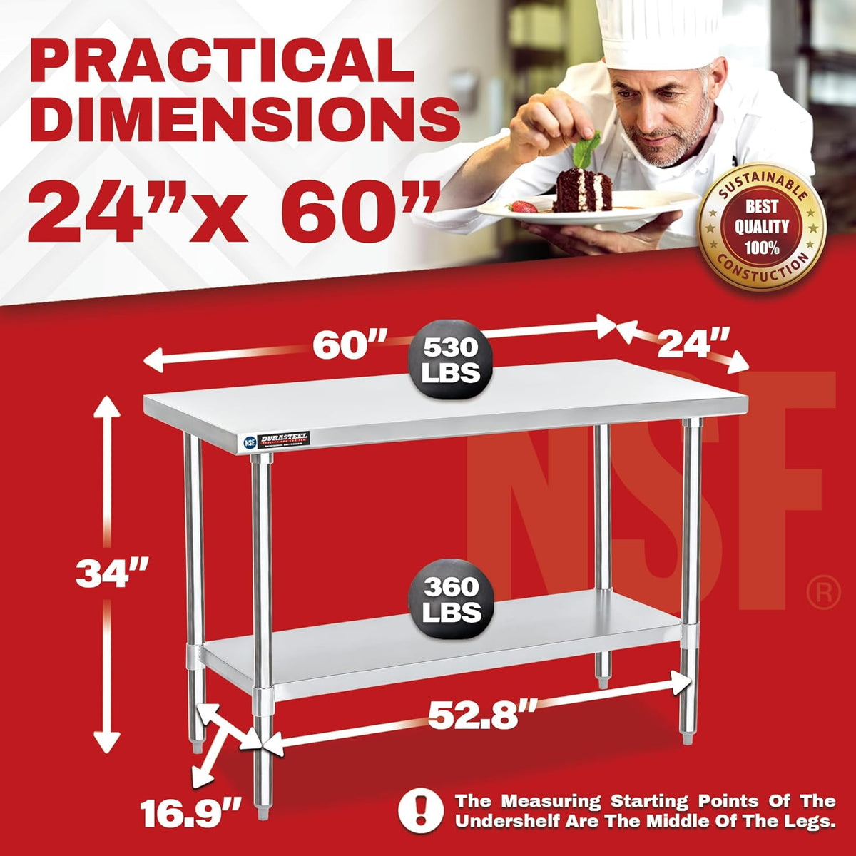 DuraSteel 24x60 Stainless Steel Work Table - NSF Commercial Prep Metal Table - Outdoor Pizza Oven