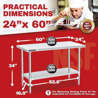 DuraSteel 24x60 Stainless Steel Work Table - NSF Commercial Prep Metal Table - Outdoor Pizza Oven