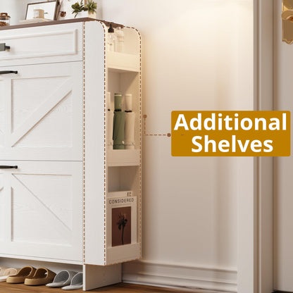 IRONCK Shoe Storage Cabinet with 2 Flip Drawers & Barn Door, White/Walnut