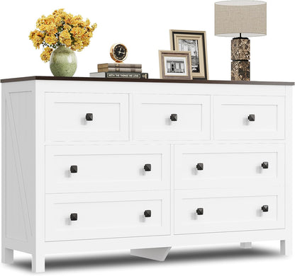 WLIVE Farmhouse Dresser for Bedroom, 51.18'' Wide 7 Drawer Wood Dresser, White TV Stand for 65 inch
