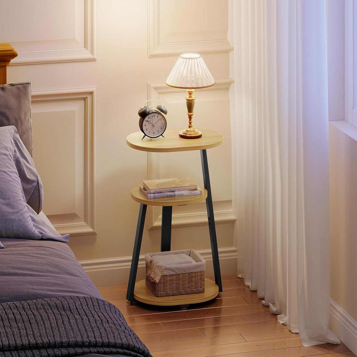 Side Table, Small End Table with Metal Frame, 3-Tier Bedside Tables, Round Side Tables for Living