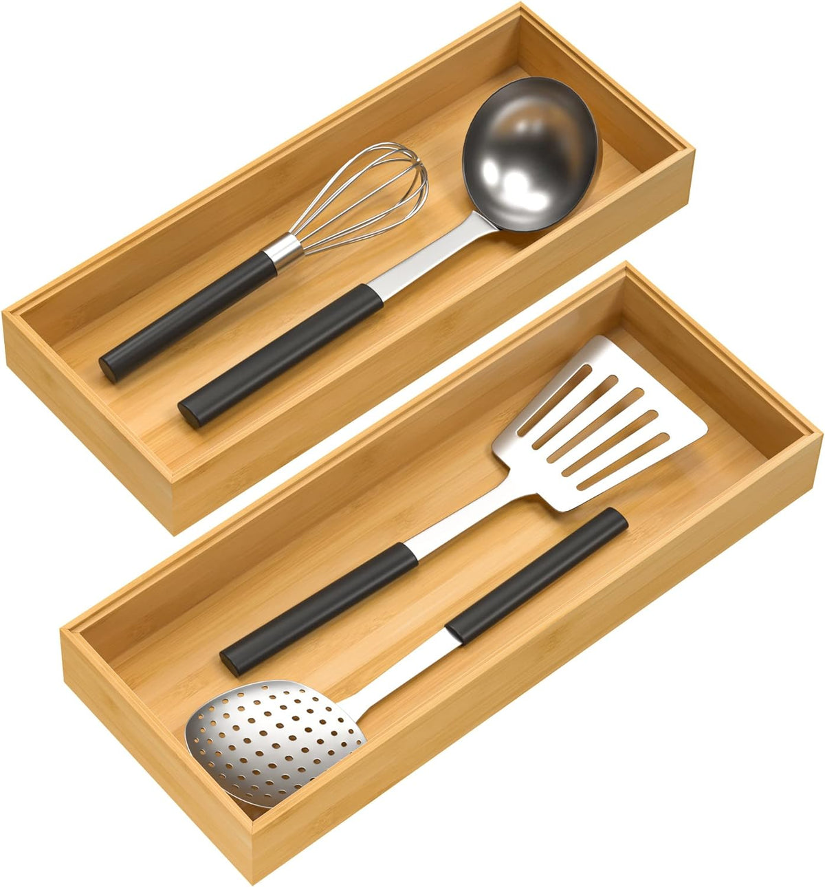 Bamboo Drawer Organizer, Stackable Utensil Organizer for Kitchen, Bamboo Storage Box Wood