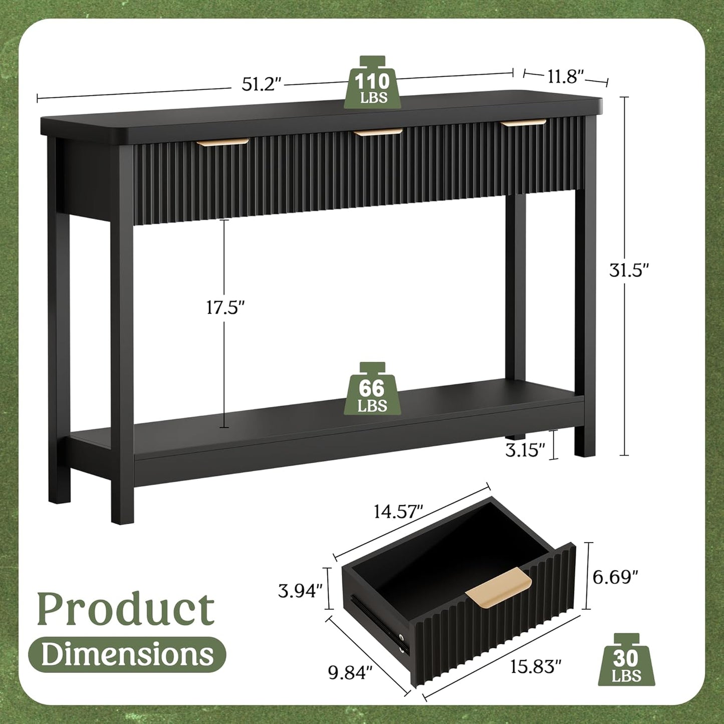 Lulive 51" Fluted Console Table for Entryway, Entryway Table with 3 Wooden Drawers, Farmhouse