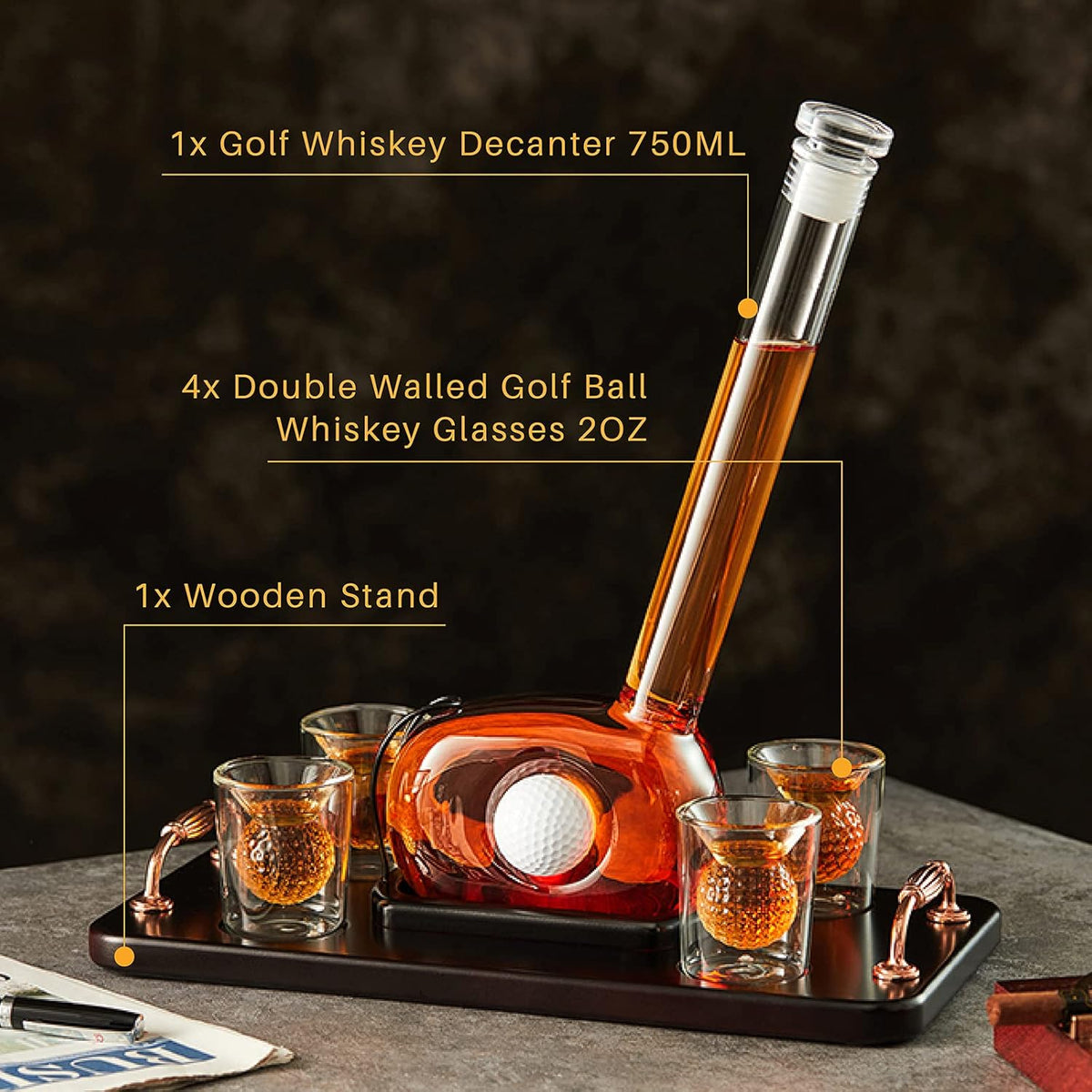 Golf Whiskey Decanter Set with 4 Golf Ball Shot Glasses, Unique Golf Gifts for Men Women, 750ml
