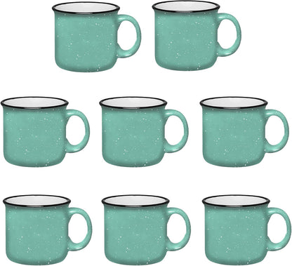 Set of 8 Ceramic Campfire Mugs – 15 Oz, Teal – Coffee & Tea Cups for Home, Work, Travel, Camping