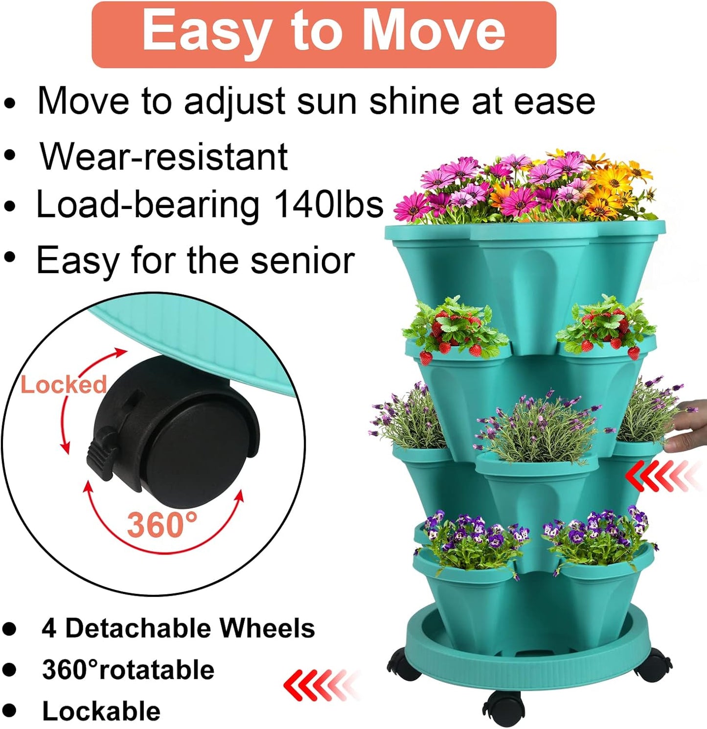 DUNCHATY Stackable Planter, Vertical Garden Planter with Wheels and Tools, Self Watering Strawberry