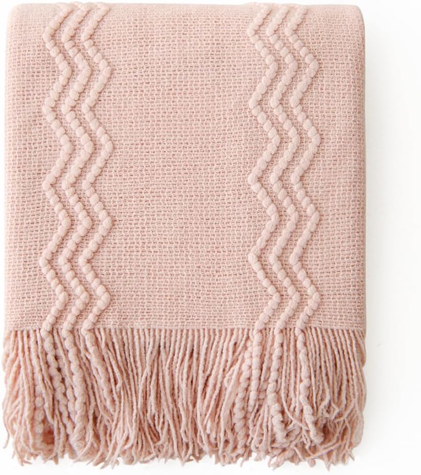 MIULEE Light Pink Knitted Throw Blanket for Couch Bed, Boho Textured Cozy Woven Decorative