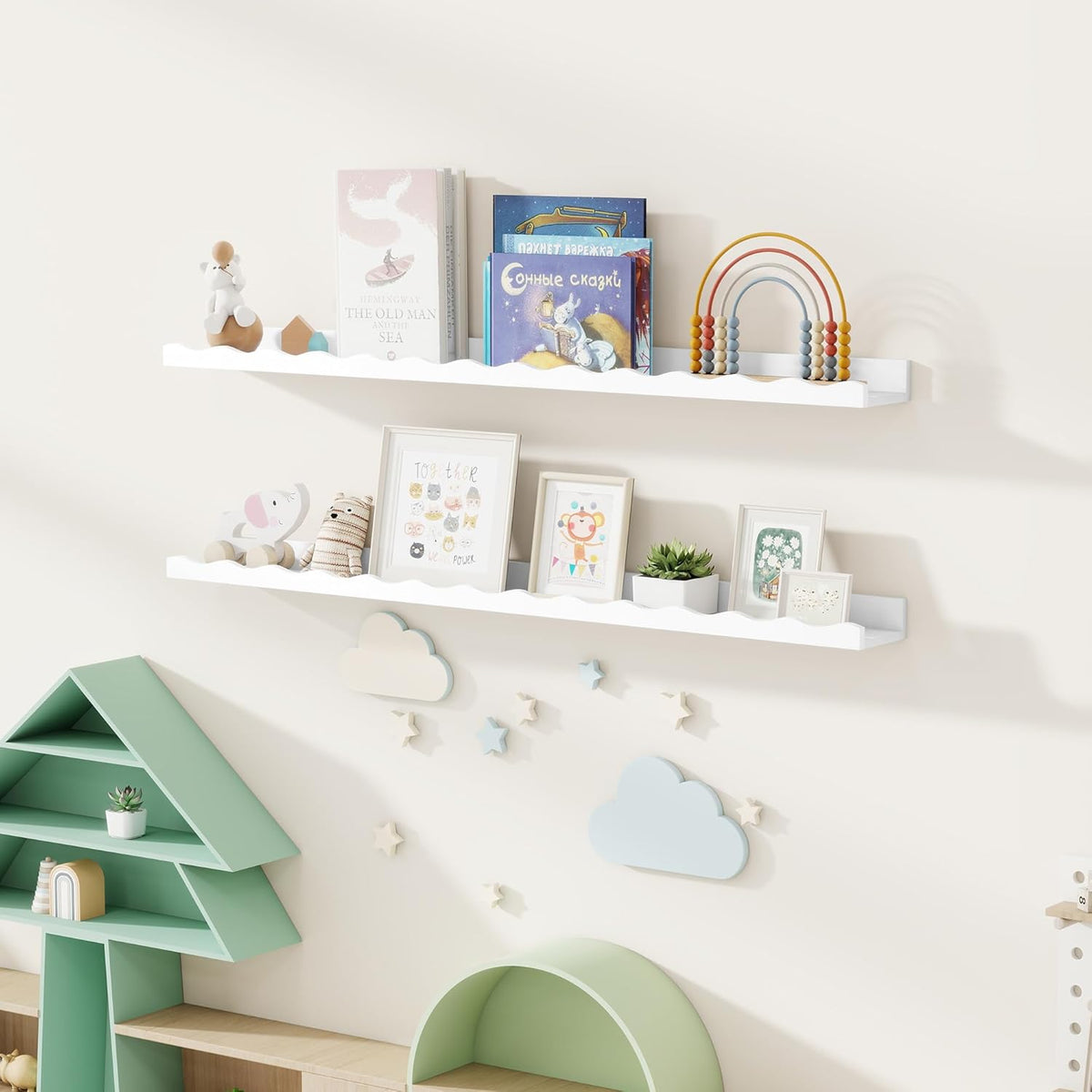 Fun Memories Picture Ledge Shelf for Wall, 48 inch Pine Wood Nursery Book Shelves Set of 2- Wall