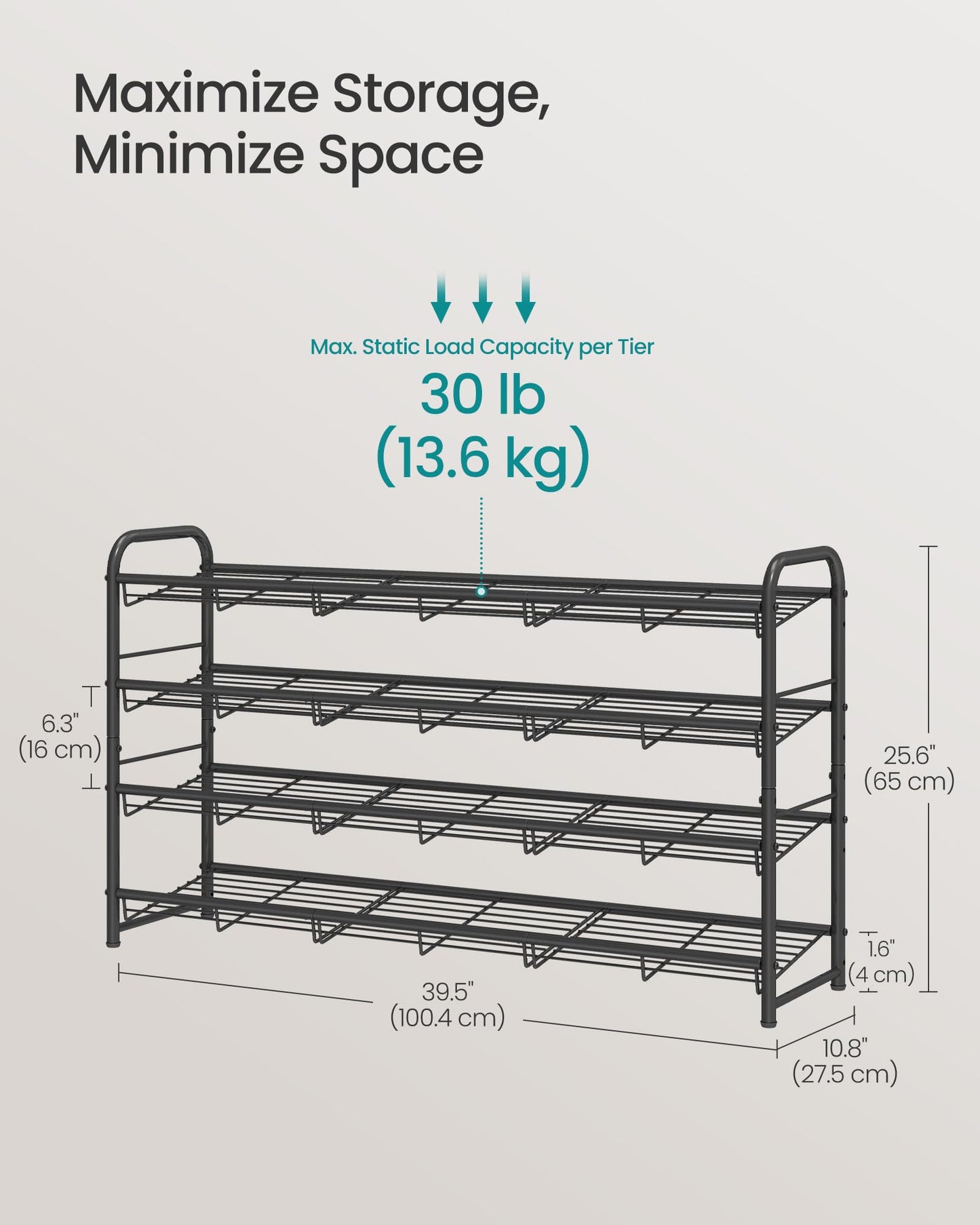 SONGMICS 4-Tier Long Stackable Metal Shoe Rack, Holds Up to 20 Pairs