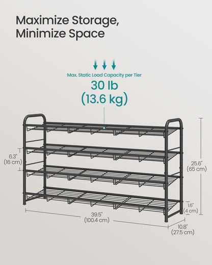 SONGMICS 4-Tier Long Stackable Metal Shoe Rack, Holds Up to 20 Pairs