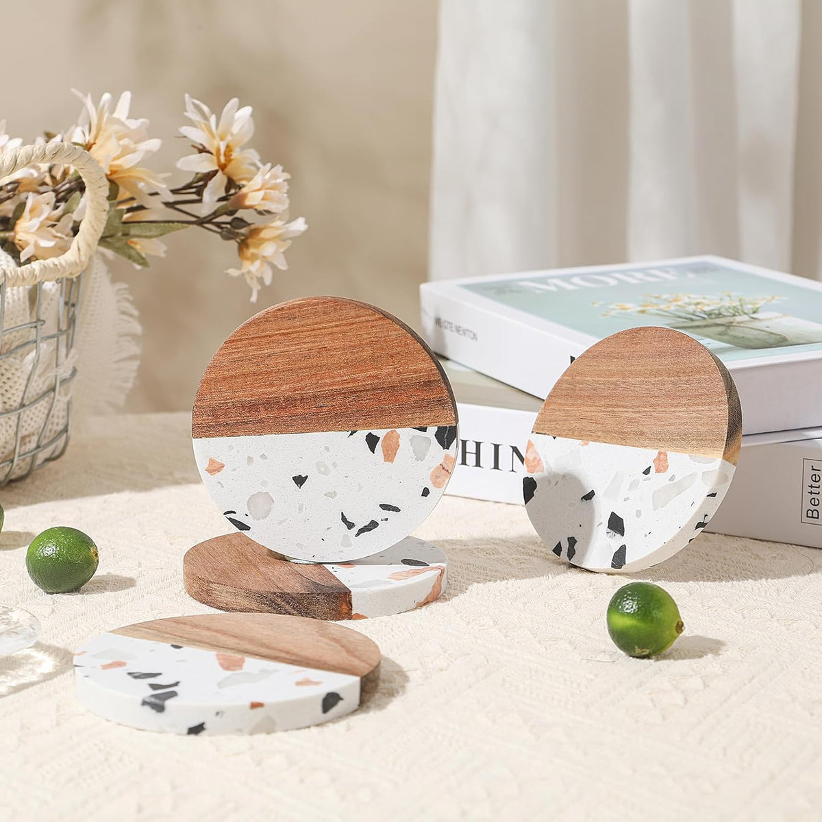 Drink Acacia Wood-Marble Coasters Set of 4,Cup Coaster for Coffee,Beverage,Cute Modern Cool