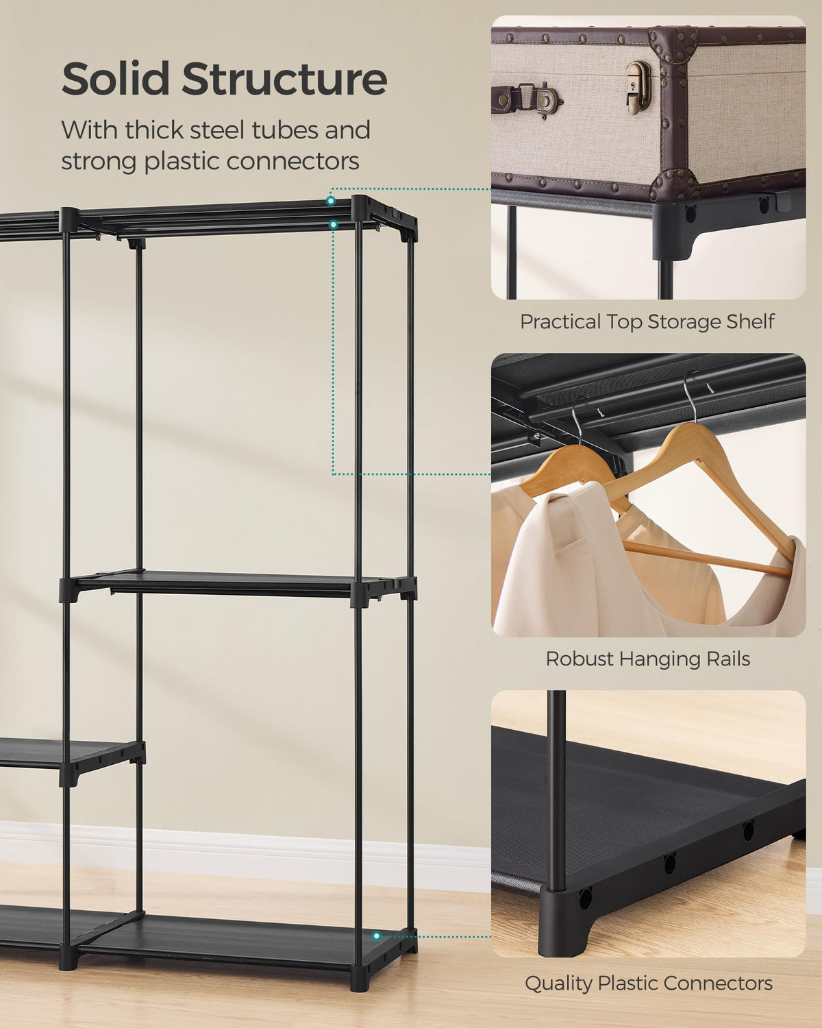 SONGMICS Portable Closet, Freestanding Closet Organizer, Clothes Rack with Shelves, Hanging Rods