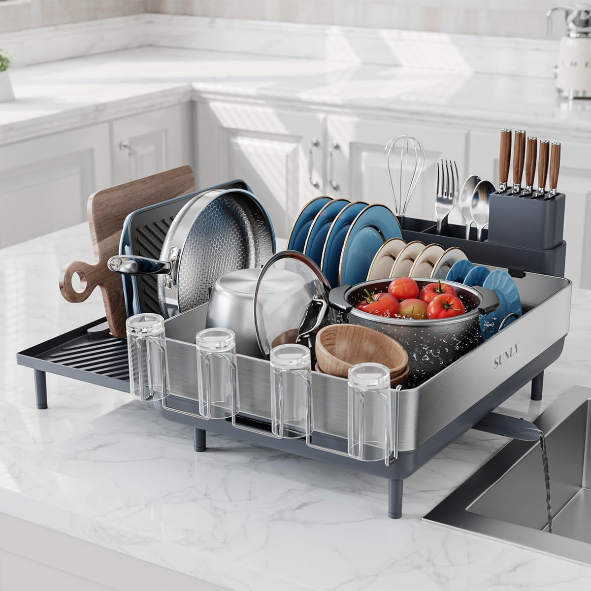 SUNLY Large Dish Drying Rack, Expandable Dish Racks for Kitchen Counter, Space Saving 304 Stainless