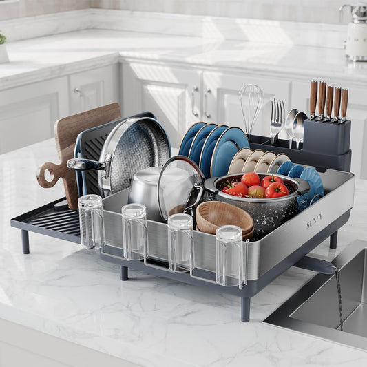 SUNLY Large Dish Drying Rack, Expandable Dish Racks for Kitchen Counter, Space Saving 304 Stainless