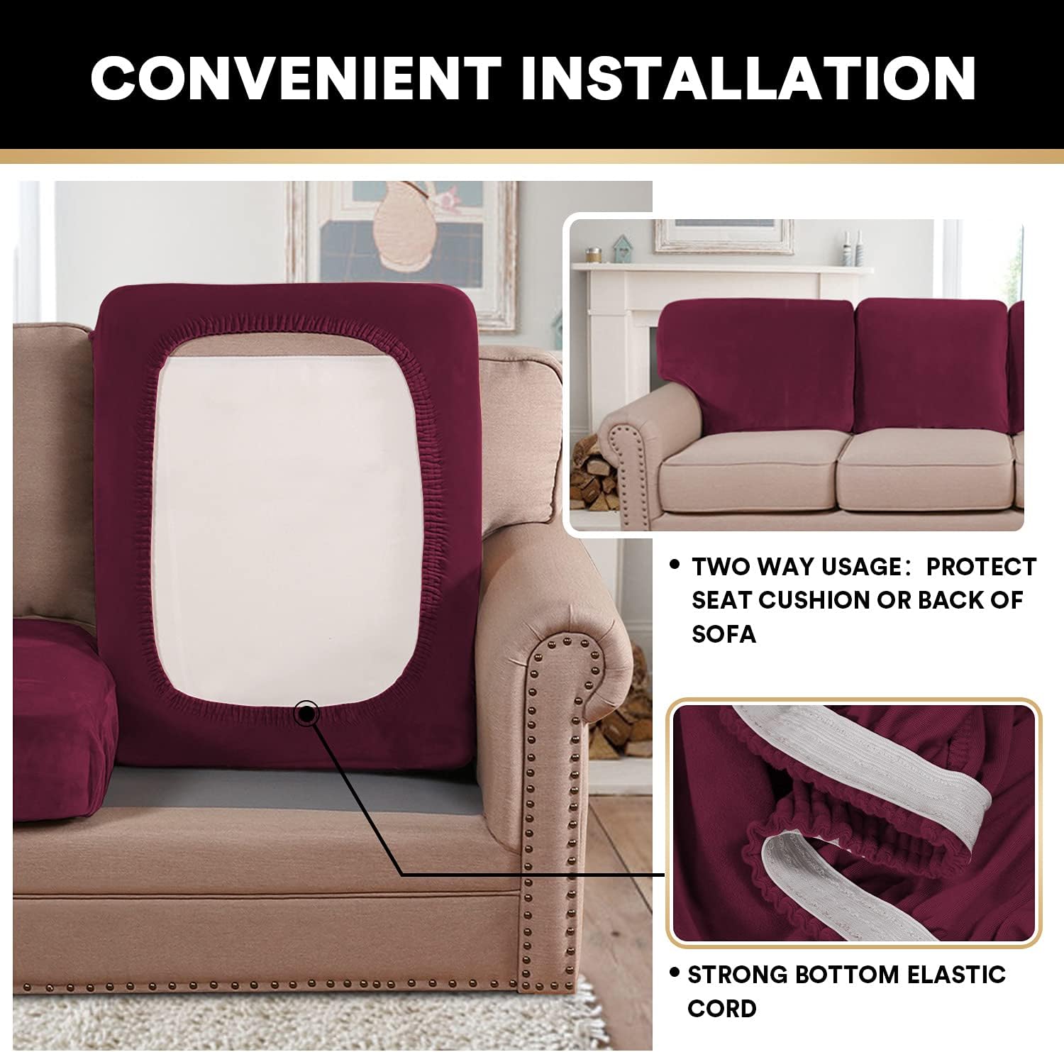 PrinceDeco Stretch Couch Cushion Covers Fitted Individual Seat Couch Slipcover Sets Velvet Fabric