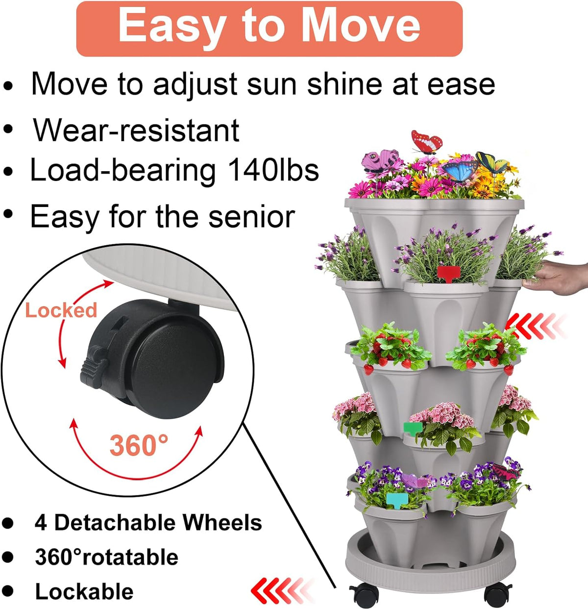 DUNCHATY Stackable Planter, Vertical Strawberry Planter with Garen Tool Set, Self Watering Garden