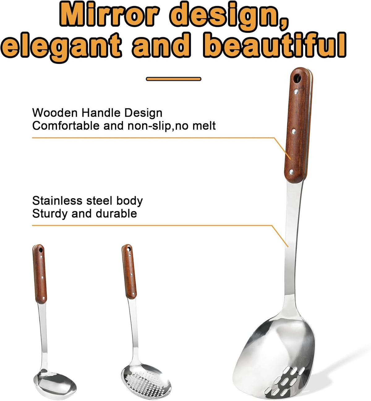 FJNATINH Stainless Steel Wok Spatula,Ladle,Skimmer Ladle Tool Set,Mirror Polished Cooking Utensils