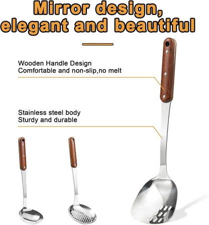 FJNATINH Stainless Steel Wok Spatula,Ladle,Skimmer Ladle Tool Set,Mirror Polished Cooking Utensils