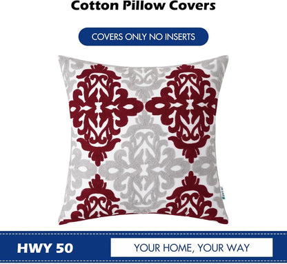 HWY 50 Burgundy Red Decorative Throw Pillow Covers 18x18 Inch (1 Piece), Embroidered Cotton